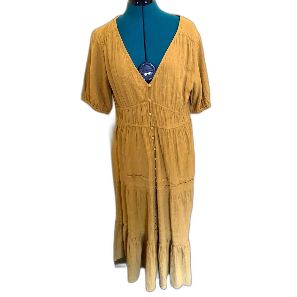 NWT Lucky Brand Button Front Tiered Dress in Mustard Size L 100% Cotton